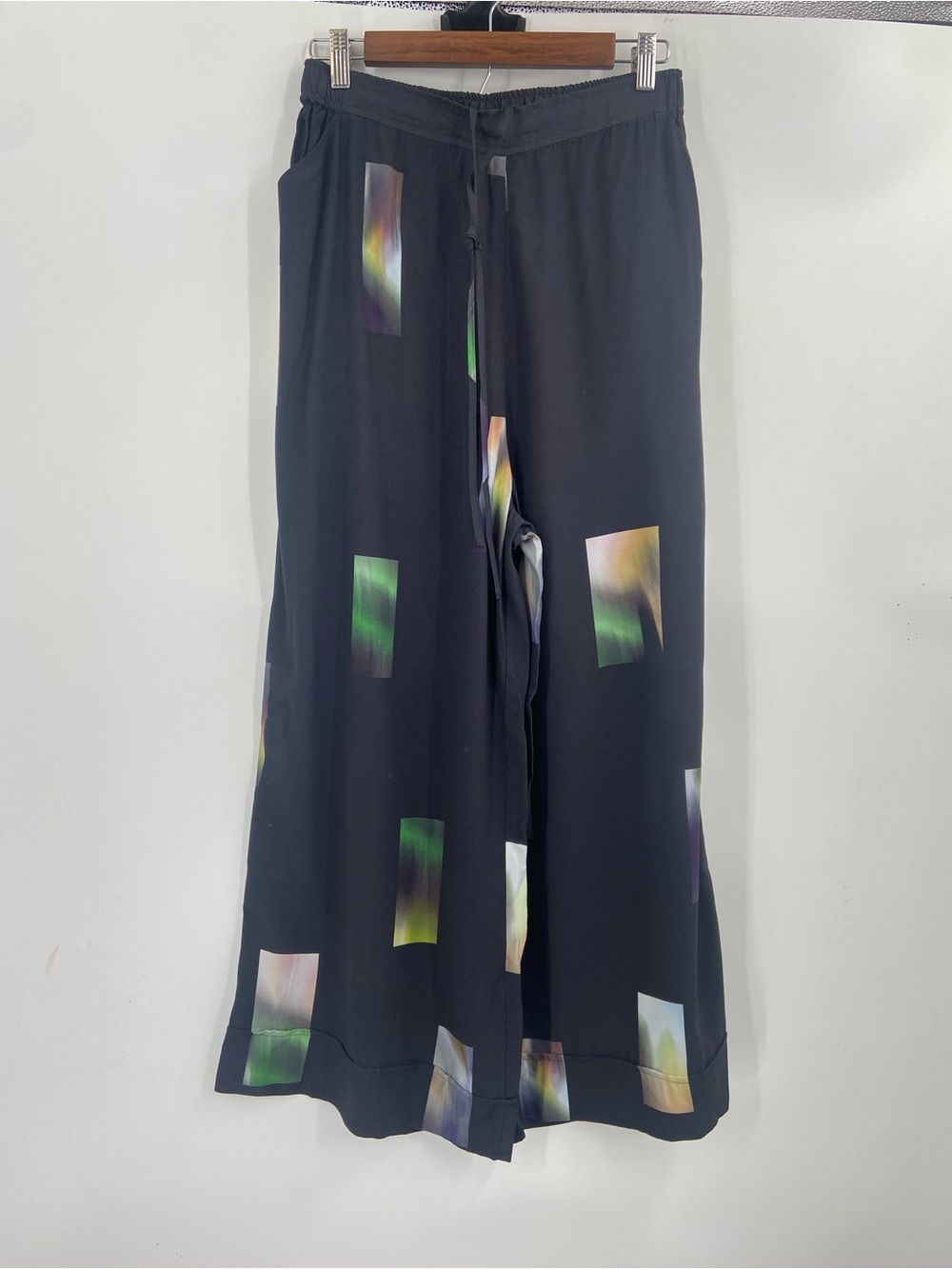 ELK Black Wide-Leg Pants with Multicolor Abstract Blocks‎ size 6